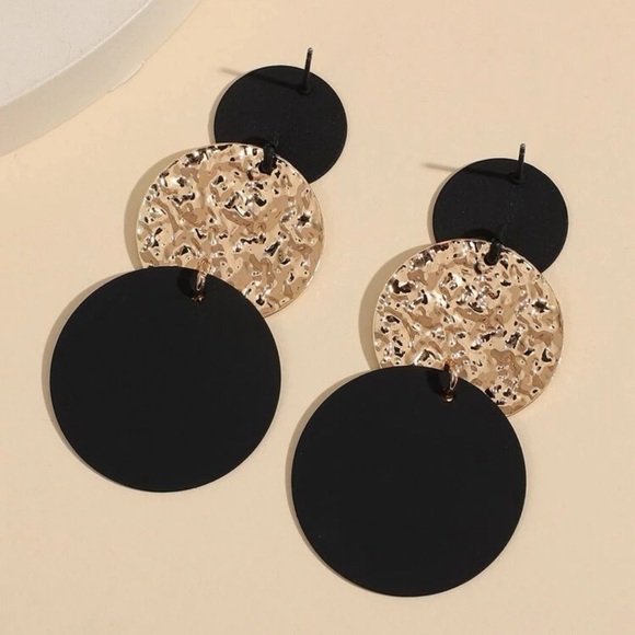Restock- Black and Gold Round Drop Earrings - Picture 3 of 5
